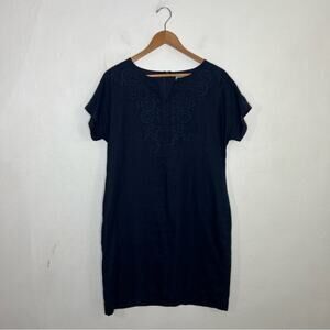 Pure Collection 100% Linen Navy Blue Embroidered Split Neck Shift Dress Size 8